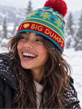 Unisex Turquoise Pom-Pom Beanie with Red & Yellow Snowflake Design